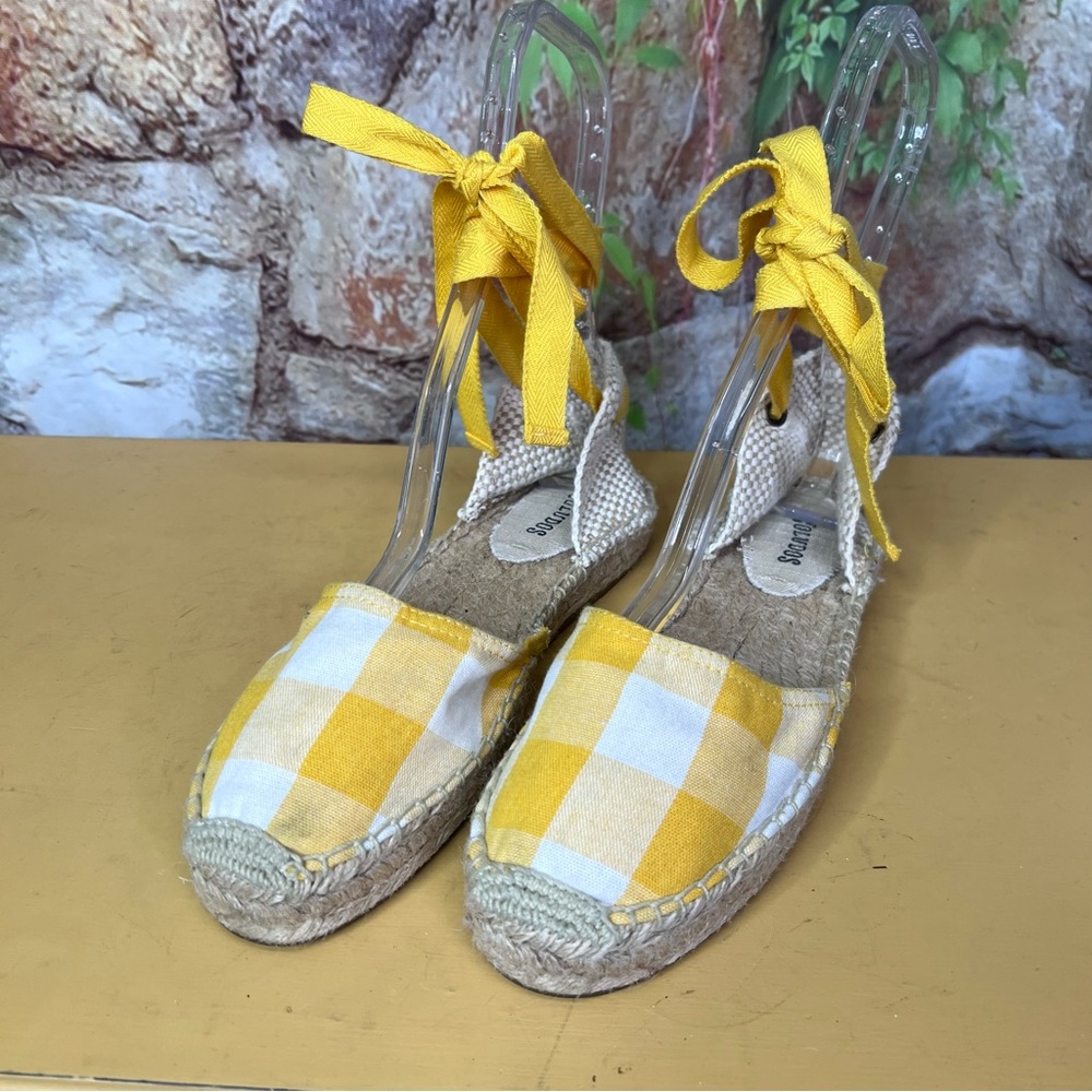 SOLUDOS Nautical Yellow/White Buffalo Check Lace-Up Espadrille Sandals, 7.5/38 - Picture 4 of 11